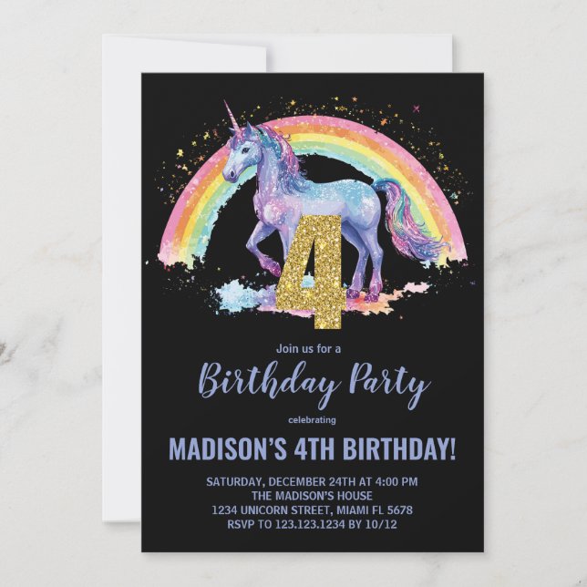 4. Rainbow Unicorn Geburtstag Einladungen (Vorderseite)