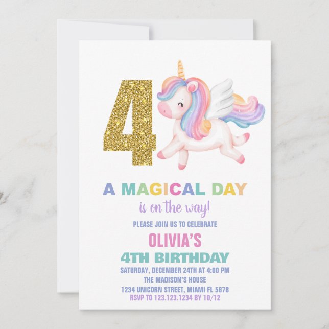 4. Rainbow Unicorn Geburtstag Einladungen (Vorderseite)