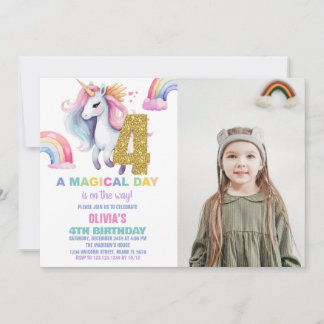 4. Rainbow Unicorn Geburtstag Einladungen mit Foto