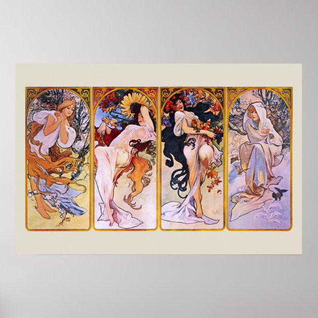 4 Saisons von Alphonse Mucha, Vintager Jugendstil Poster (Vorne)