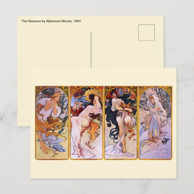 4 Saisons von Alphonse Mucha, Vintager Jugendstil Postkarte (Vorne/Hinten)