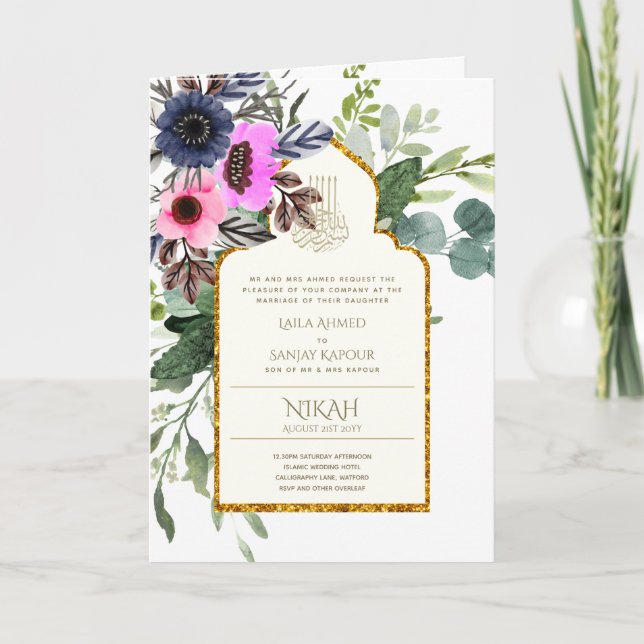4 Seite NIKAH WALIMA Invite Pink Floral Islamische Karte (Vorderseite)