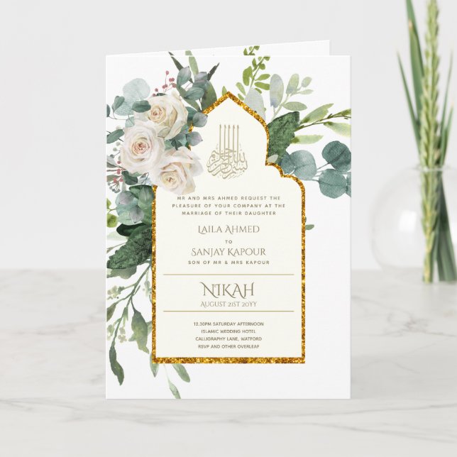 4 Seite NIKAH WALIMA Invite White Roses Islamische Karte (Vorderseite)