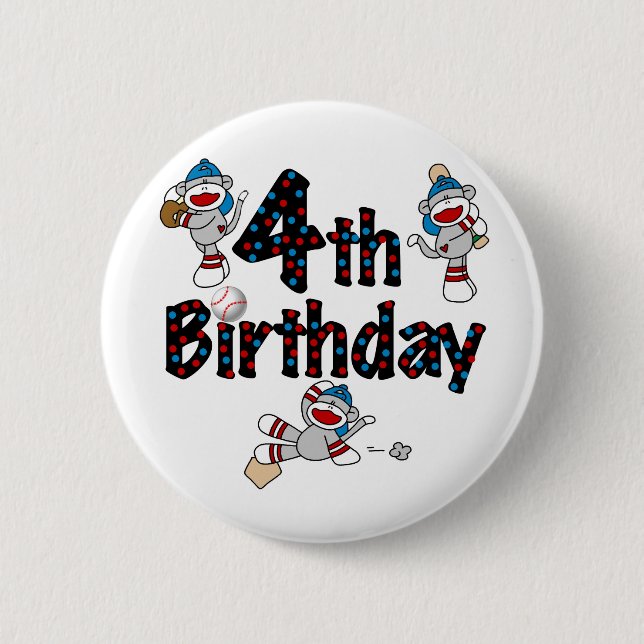 4. Sock Monkey Baseball Geburtstag Button (Vorderseite)