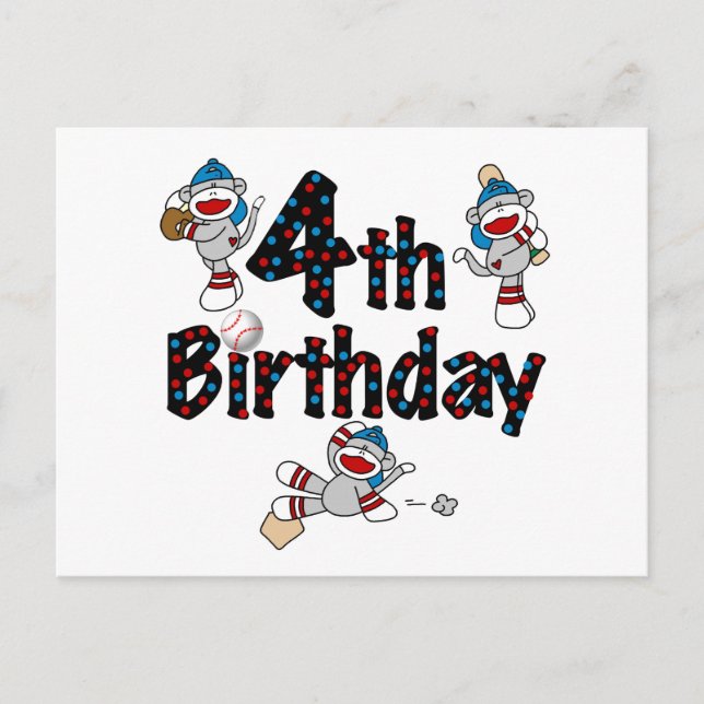 4. Sock Monkey Baseball Geburtstag Postkarte (Vorderseite)