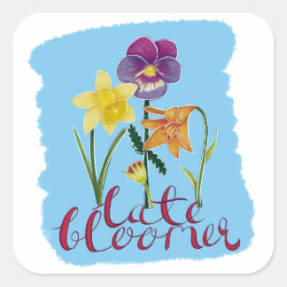 4 Spring and Summer Flowers with Fancy Text Quadratischer Aufkleber