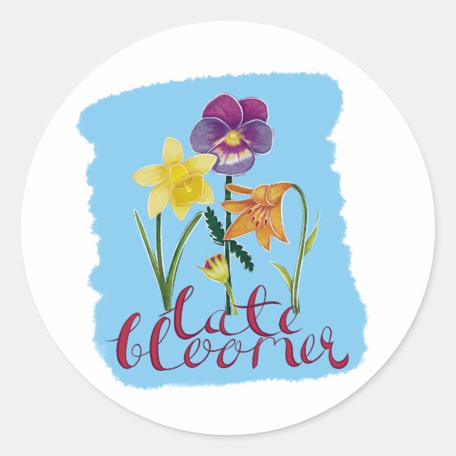 4 Spring and Summer Flowers with Fancy Text Runder Aufkleber (Vorderseite)