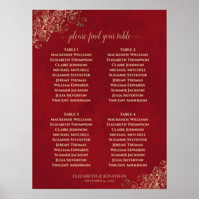 4 Tabelle Crimson Red & Gold Wedding Seekarte Poster (Vorne)