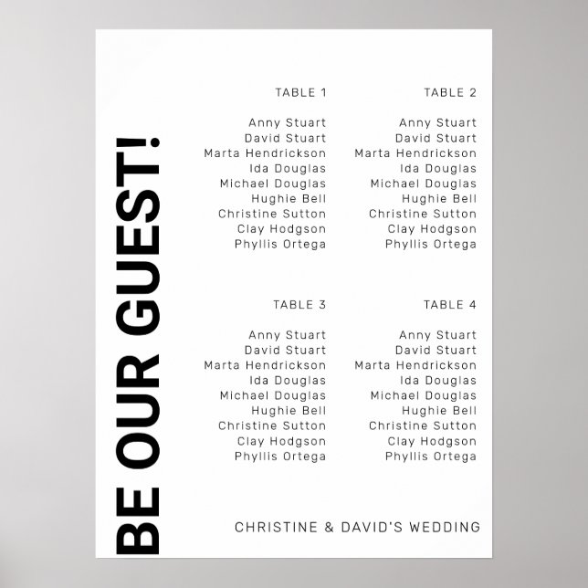 4 Tabelle Einfache White Wedding Chart Poster (Vorne)