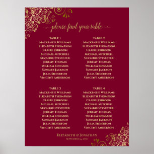 4 Tabelle Elegantes Gold & Burgund Seating Chart Poster