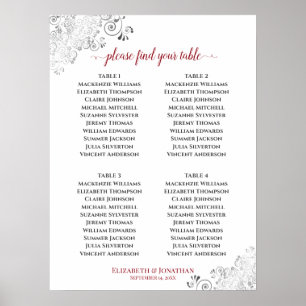 4 Tabelle Frilly Wedding Seating Chart Red auf Wei Poster