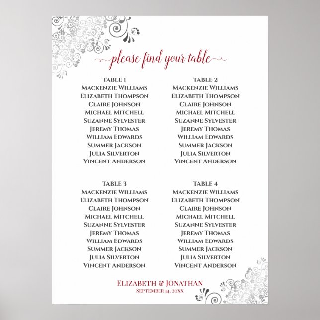 4 Tabelle Frilly Wedding Seating Chart Red auf Wei Poster (Vorne)