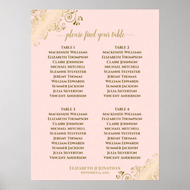 4 Tabelle Rosa und Gold Hochzeitskarte Poster (Vorne)
