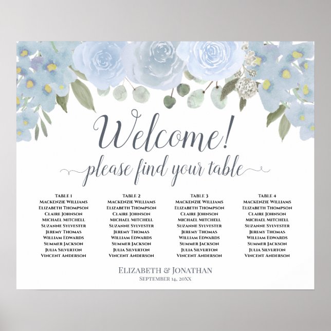 4 Table Dusty Blue Rose Hochzeitsdiagramm Poster (Vorne)