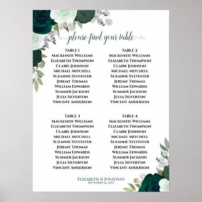 4 Table Emerald Green Floral Wedding Chart Poster (Vorne)