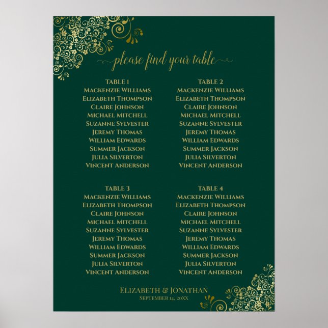 4 Table Emerald Green & Gold Wedding Chart Poster (Vorne)