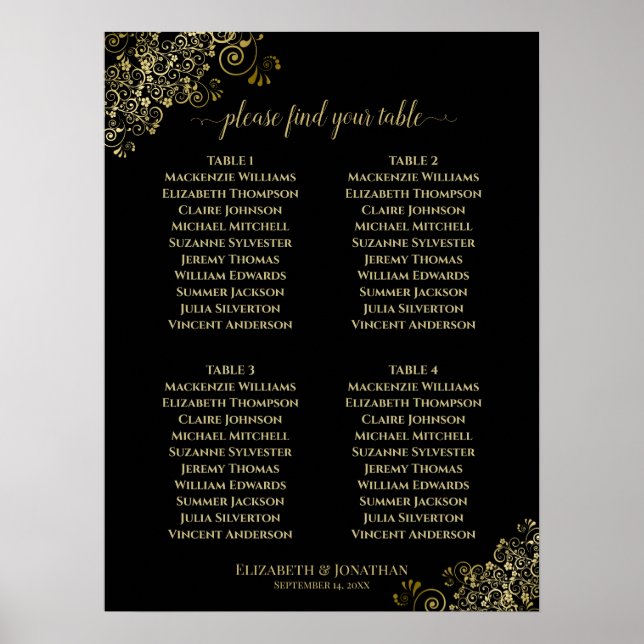 4 Table Gold Frills Hochzeitskarte schwarz Poster (Vorne)