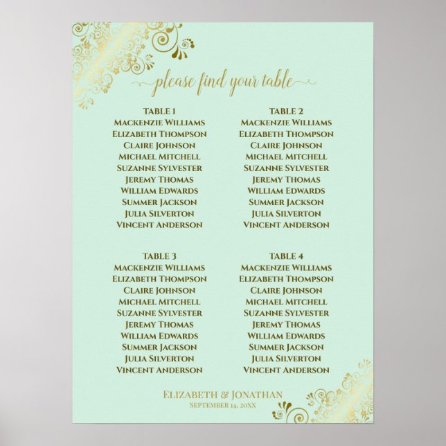 4 Table Neo Mint Green Wedding Seating Chart Gold Poster (Vorne)