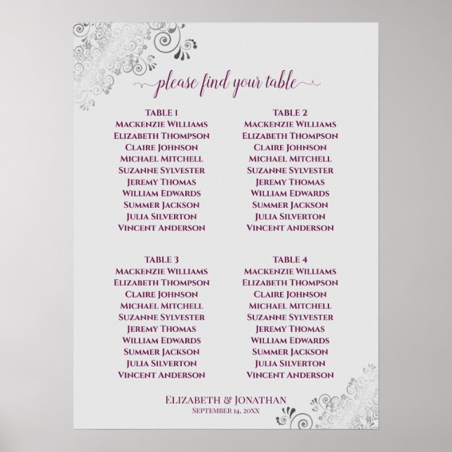 4 Table Wedding Chart Magenta auf Grau Poster (Vorne)