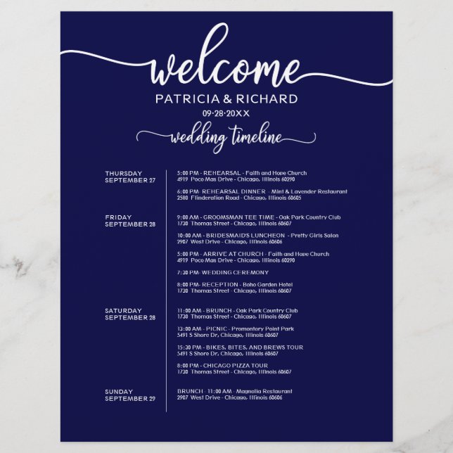4 Tage Hochzeit Itinerary Chic Timeline Blue (Vorderseite)