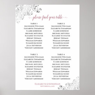 4 Tischrillen Hochzeitskartentabelle Rose auf Weiß Poster