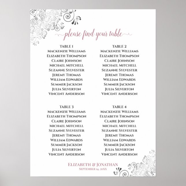 4 Tischrillen Hochzeitskartentabelle Rose auf Weiß Poster (Vorne)