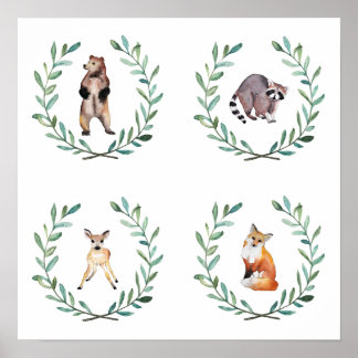 4 Waldtiere und Kränze Poster