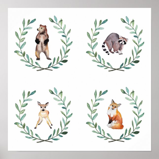 4 Waldtiere und Kränze Poster (Vorne)
