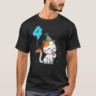 4-Year-Old Kid Cute Cat Party Balloon 4th Birthday T-Shirt