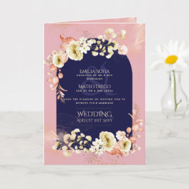 4pg Navy Dusty Rose Floral Wedding InviteProgramm Karte