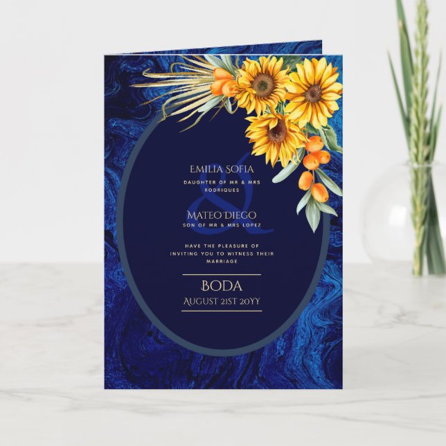 4pg Spanische BODA Einladungen, Blue Sunflowers Au Karte (Vorderseite)