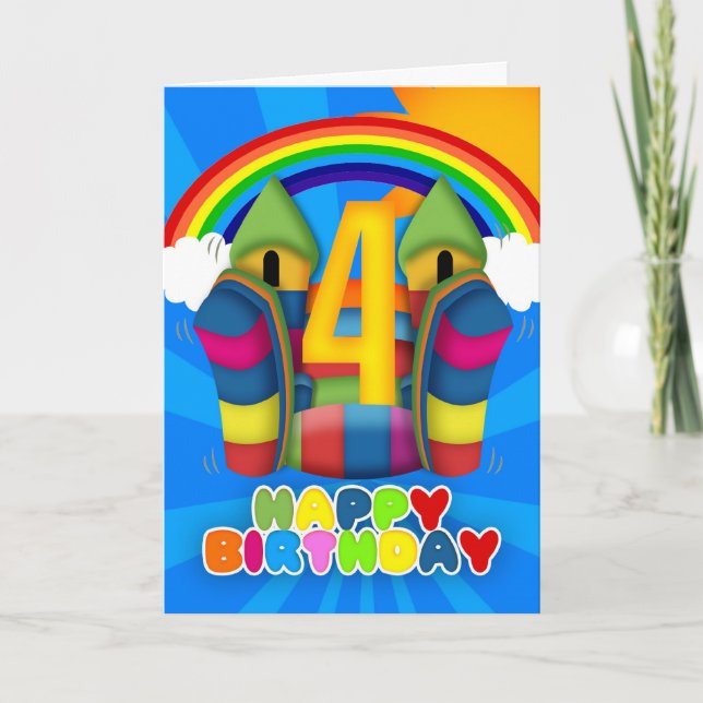 4th Birthday Card With Bouncy Castle And Rainbow Karte (Vorderseite)