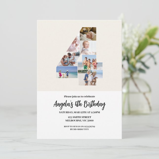4th Birthday Invitation Minimalist - Number 4 Einladung (Stehend Vorderseite)