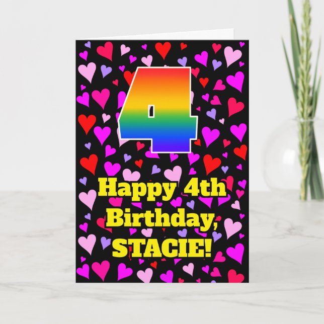 4th Birthday: Loving Hearts Pattern, Rainbow # 4 Karte (Vorderseite)