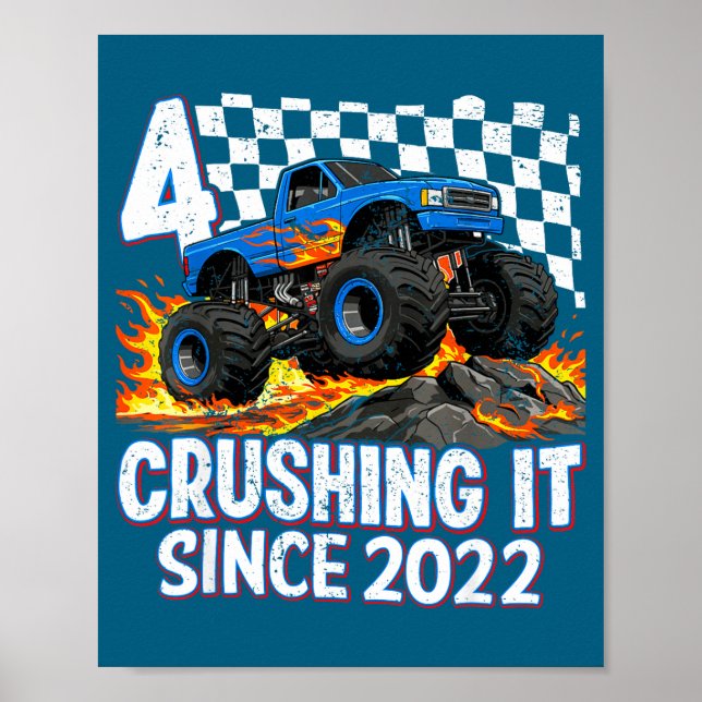 4th Birthday Monster Truck 4 Year Old Boys Party B Poster (Vorne)