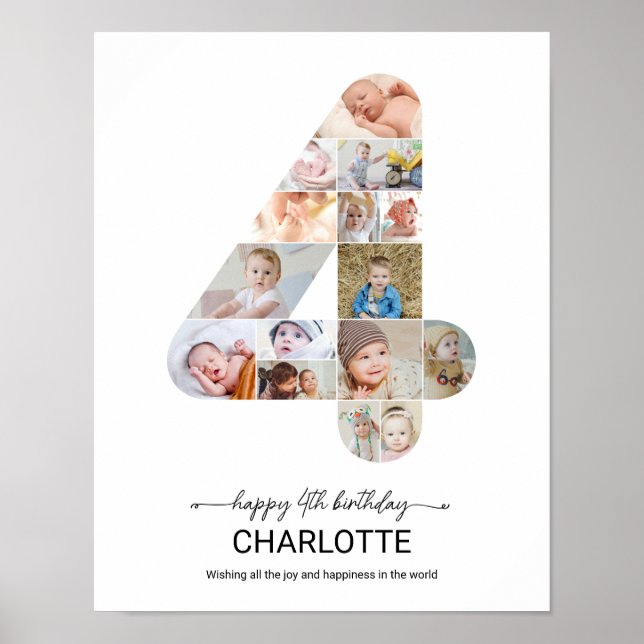 4th Birthday Number 4 Photo Collage Custom Picture Poster (Vorne)
