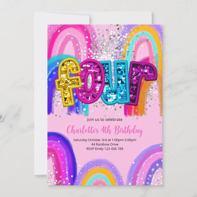 4th Birthday Sequin Rainbow Party Invitation Einladung (Vorderseite)
