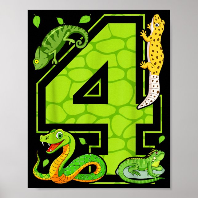 4th Birthday Snake Lizard Reptile 4 Year Old Party Poster (Vorne)