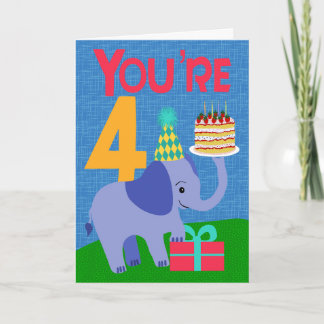 4th Birthday with Elephant and Cake Karte