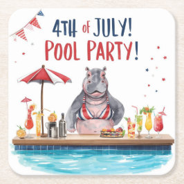 4th July Hippo Bikini in Pool Party  Rechteckiger Pappuntersetzer