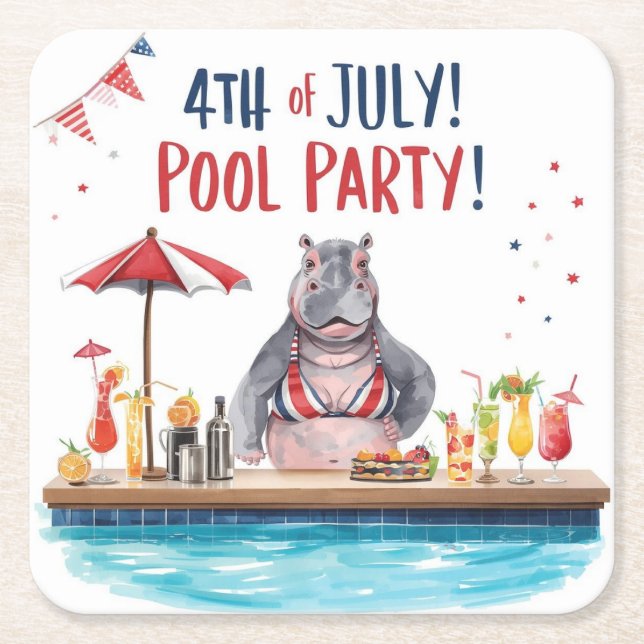 4th July Hippo Bikini in Pool Party  Rechteckiger Pappuntersetzer (Vorderseite)