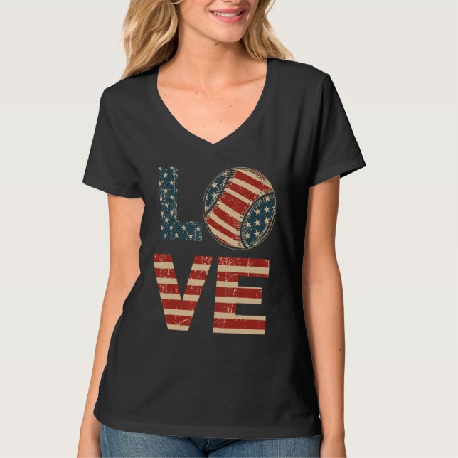 4th July Love Softball American Flag Teen Girl Mom T-Shirt (Vorderseite)
