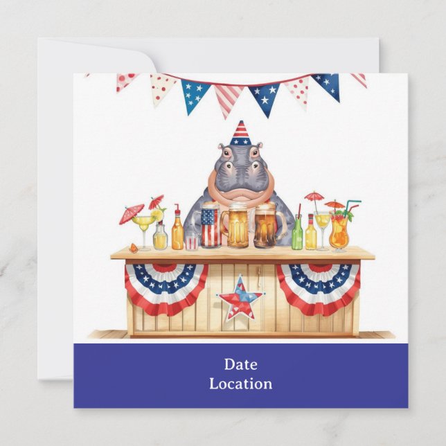 4th July Pool Party with Hippo in Bikini  Save The Date (Vorderseite)