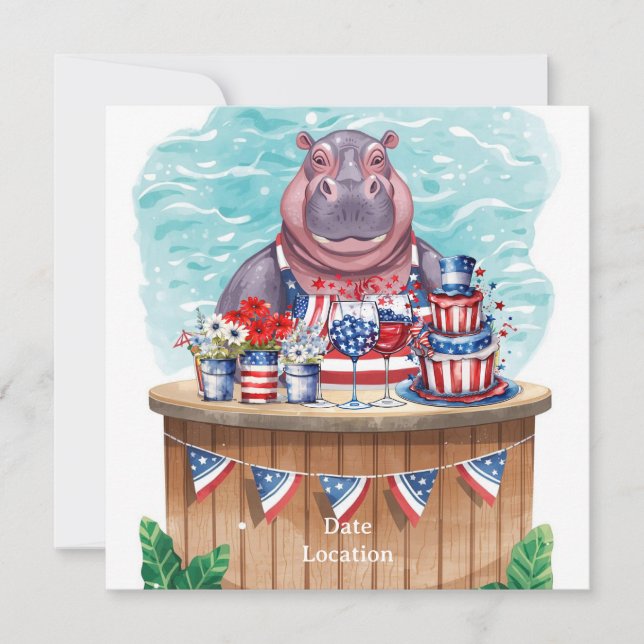 4th July Pool Party with Hippo in Bikini  Save The Date (Vorderseite)