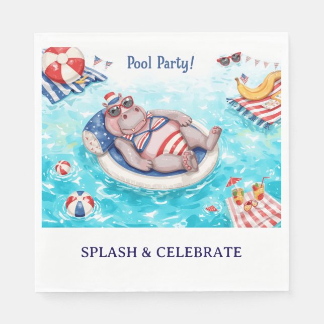 4th July Pool Party with Hippo in Bikini  Serviette (Vorderseite)