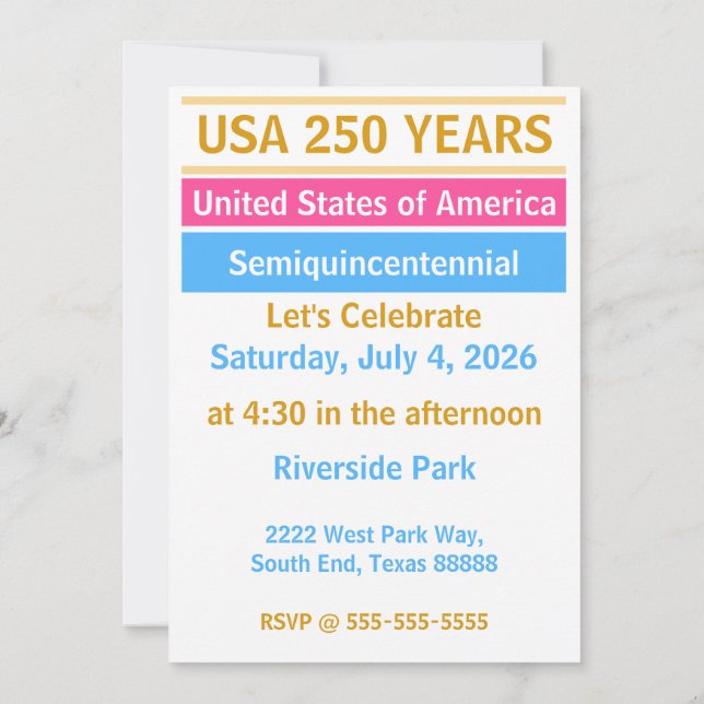 4th of July 2026 USA 250 Years Semiquincentennial  Einladung (Rückseite)