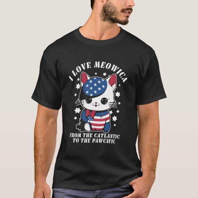 4Th Of July American Flag I Love Meowica Cat T-Shirt (Vorderseite)