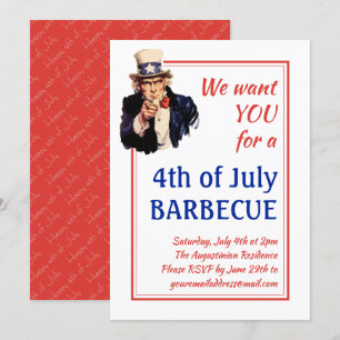 4TH OF JULY BBQ BARBECUE Uncle Sam Customized RED Einladung