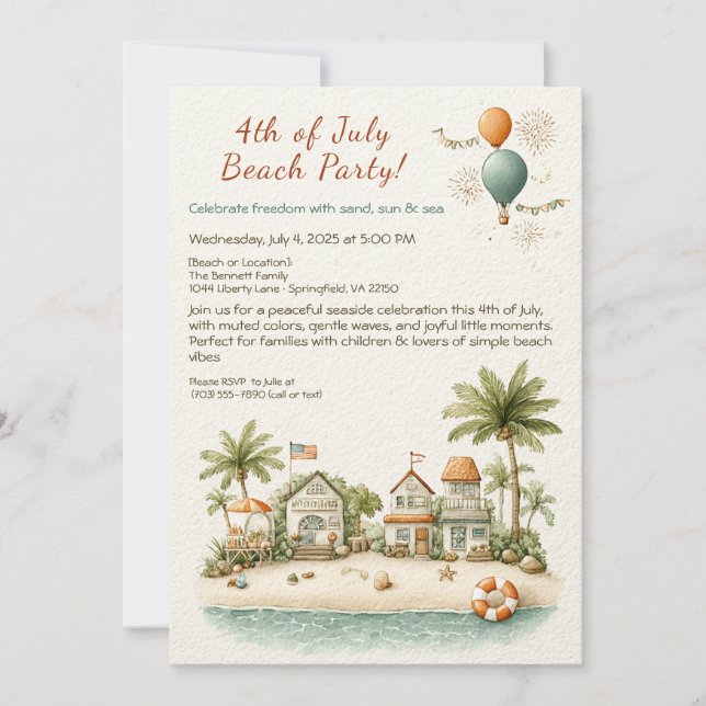 4th of July Beach Party Invitation – Soft Line Art Einladung (Vorderseite)