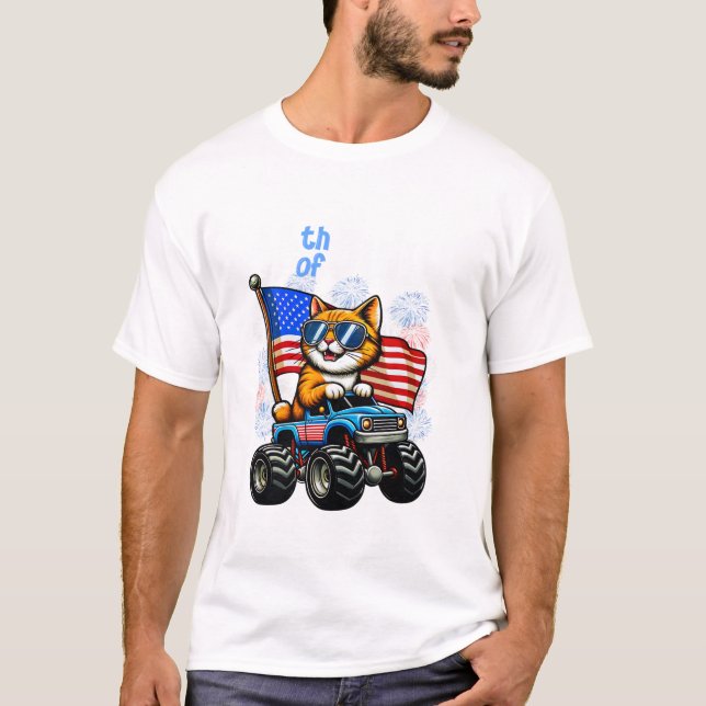 4th Of July Cat Riding Monster T-Shirt (Vorderseite)